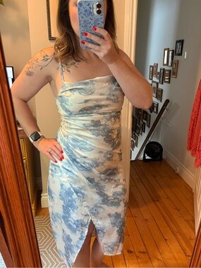 Blue & White Marble, Floral Slip Dress with Front Slit